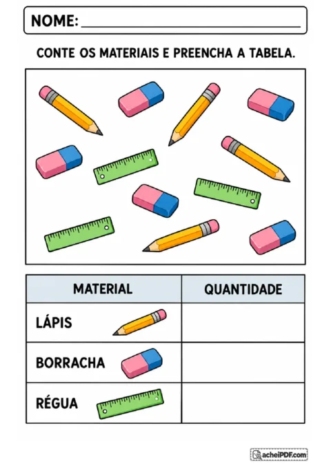 Lápis, borrachas e réguas misturados para contar cada tipo de material e preencher uma tabela.