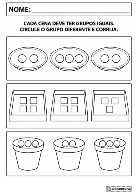 Pratos com círculos, caixas com quadradinhos e vasos com bolinhas para localizar e corrigir grupos diferentes.