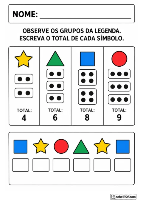Legenda de estrela, triângulo, quadrado e círculo com grupos de bolinhas para decifrar totais numéricos.