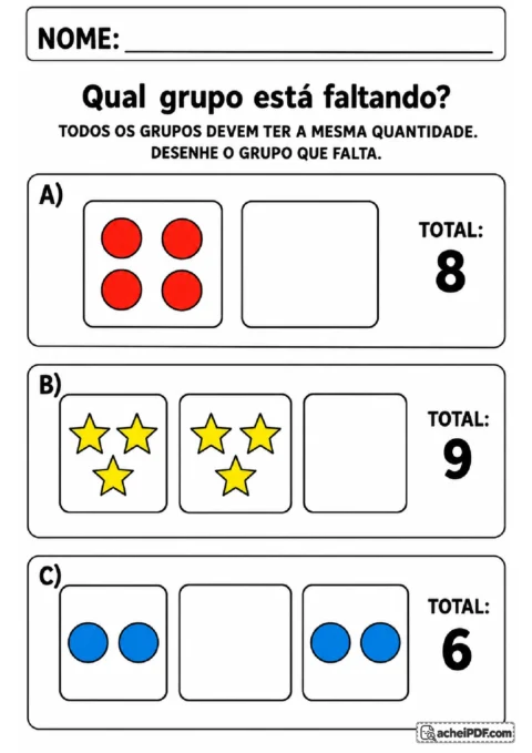 Caixas com círculos, estrelas e bolinhas para completar o agrupamento ausente mantendo quantidades iguais.