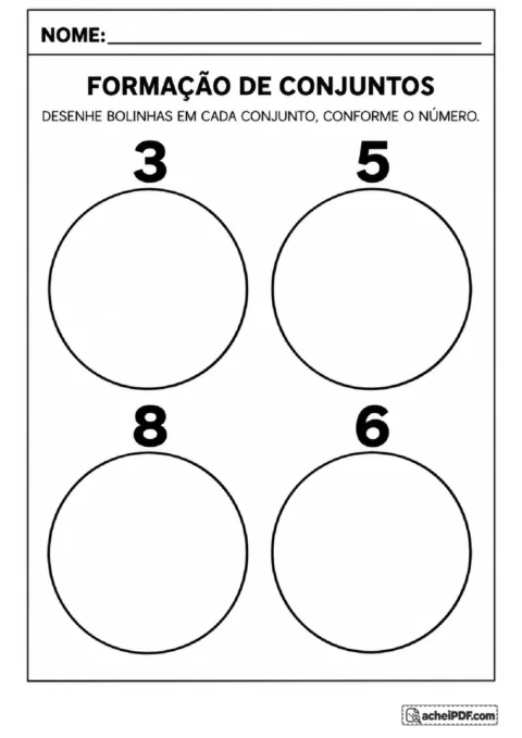 Quatro conjuntos vazios com os numerais 3, 5, 8 e 6 para desenhar a quantidade indicada de bolinhas.