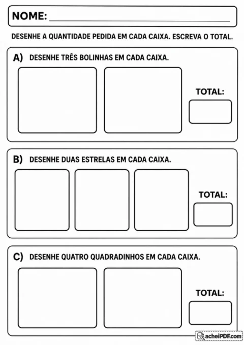 Caixas vazias para desenhar quantidades iguais de bolinhas, estrelas e quadradinhos e escrever os totais.