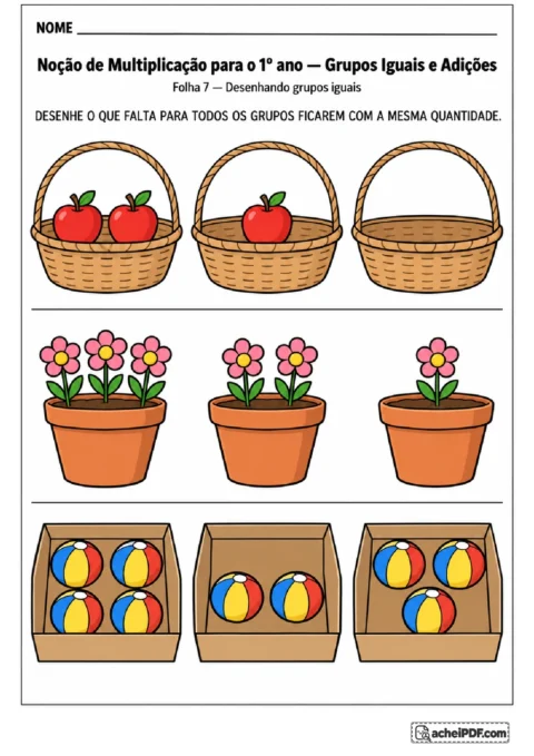 Cestas com maçãs, vasos com flores e caixas com bolas para desenhar os objetos que faltam em cada grupo.
