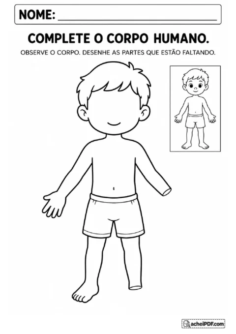 Figura humana incompleta para desenhar dois olhos, nariz, uma mão e um pé com apoio de modelo ilustrado