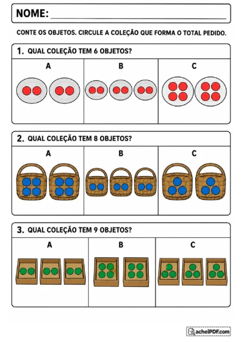 Alternativas de pratos, cestos e caixas com círculos para escolher agrupamentos que formam 6, 8 e 9 objetos.