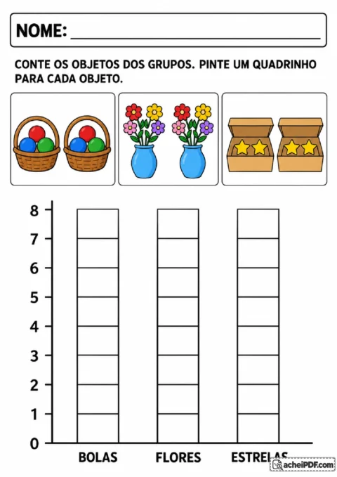 Cestos de bolas, vasos de flores e caixas de estrelas para contar objetos e pintar um gráfico de colunas.