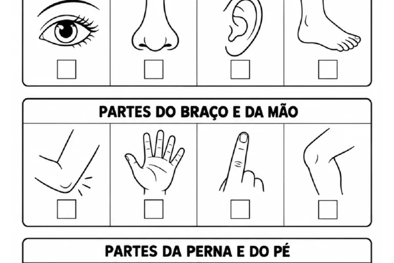 Grupos de partes da cabeça, braços e pernas com figuras intrusas para a criança marcar com X