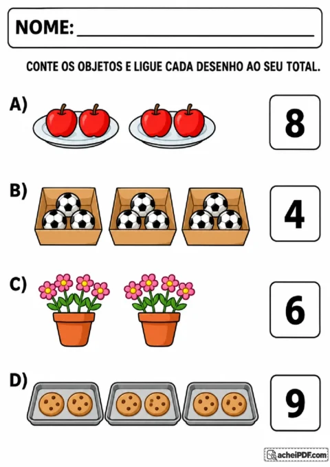 Desenhos de frutas, bolas, flores e biscoitos em grupos iguais para ligar cada conjunto ao numeral correspondente.