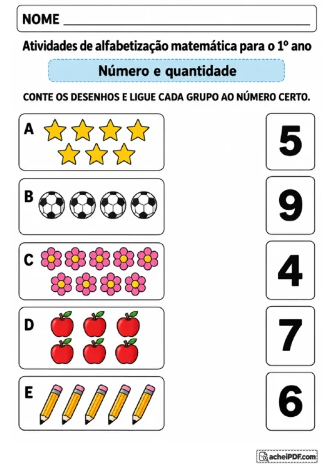 Conjuntos de estrelas, bolas, flores, maçãs e lápis para contar os desenhos e ligar aos números de 4 a 9.