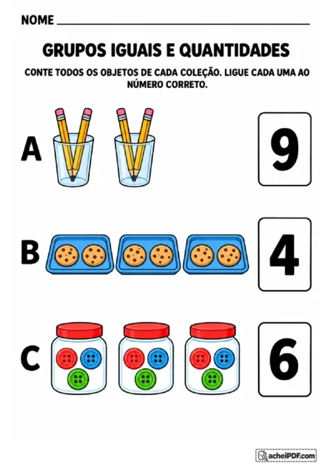 Copos com lápis, bandejas com biscoitos e potes com botões para ligar as coleções aos totais 4, 6 e 9.