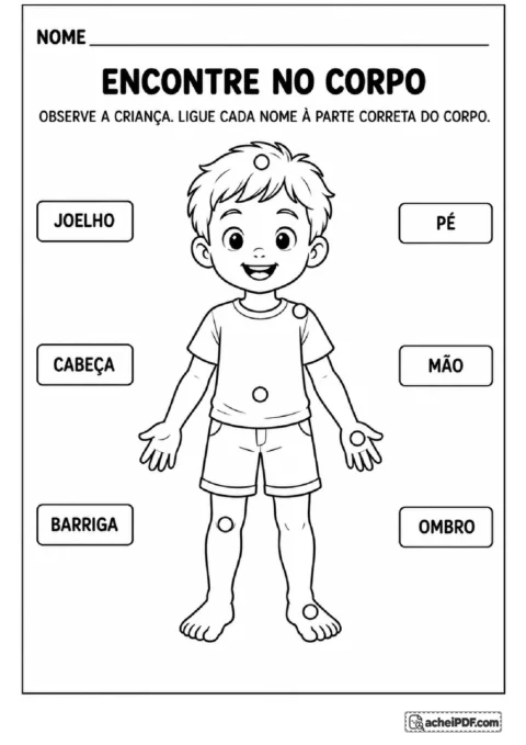 Criança em pé com etiquetas de cabeça, ombro, mão, barriga, joelho e pé para ligar aos locais corretos