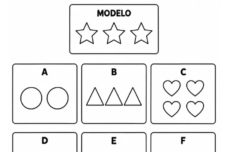 Modelo com três estrelas e caixas de figuras geométricas para circular conjuntos de mesma quantidade.