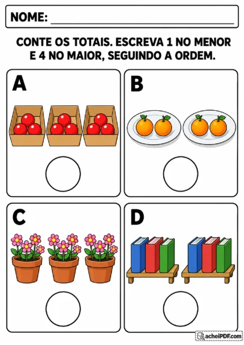 Cartões com caixas de bolas, pratos de frutas, vasos de flores e suportes de livros para ordenar os totais.