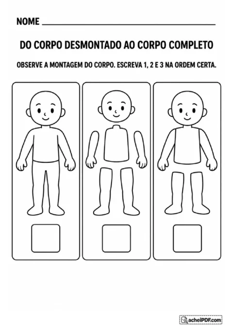 Três cartões com peças separadas, montagem parcial e corpo completo para numerar a sequência