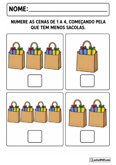 Cartões com uma a quatro sacolas de presentes para numerar a sequência de crescimento dos grupos.