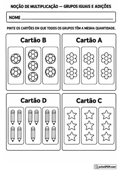 Quatro cartões com flores, bolas, estrelas e lápis para pintar conjuntos que possuem grupos iguais.