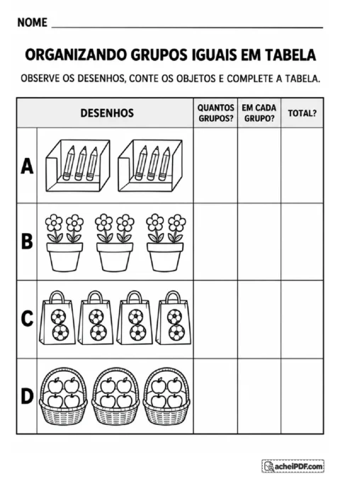 Tabela com caixas de lápis, vasos de flores, sacolas de bolas e cestas de maçãs para registrar grupos e totais.