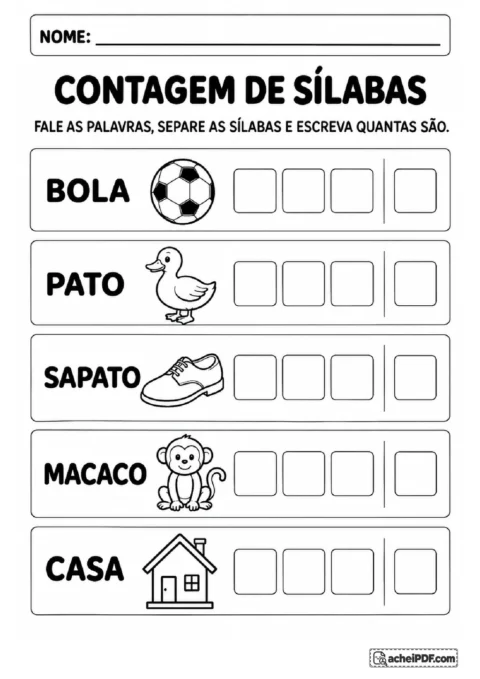 Contagem de sílabas das palavras bola, pato, sapato, macaco e casa com figuras e espaços de registro.