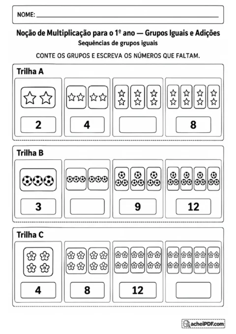 Trilhas numéricas com grupos de duas estrelas, três bolas e quatro flores para completar sequências.