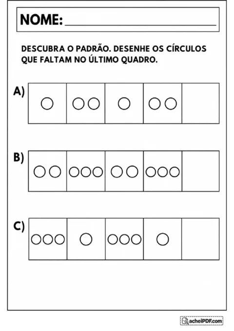 Três sequências de quadros com círculos alternando quantidades para desenhar o grupo que falta no final.