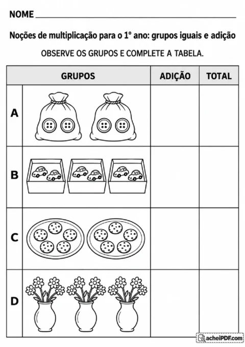 Tabela com sacos de botões, caixas de carrinhos, pratos de biscoitos e vasos de flores para registrar adições e totais.