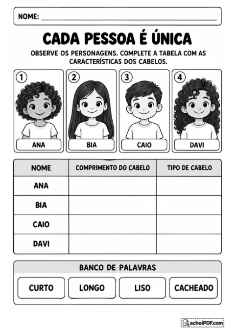 Quatro personagens com cabelos curtos, longos, lisos e cacheados e tabela para completar características