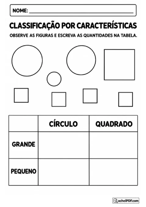 Círculos e quadrados grandes e pequenos para contar e classificar em tabela de duas características.
