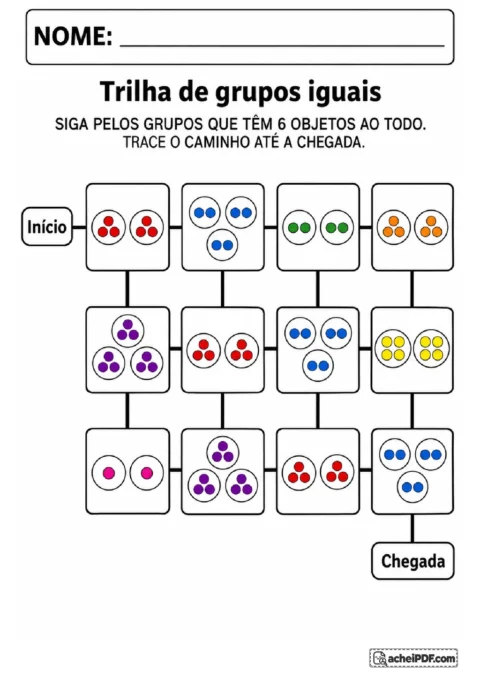 Trilha em grade com agrupamentos ilustrados para encontrar o caminho formado por totais de seis objetos.