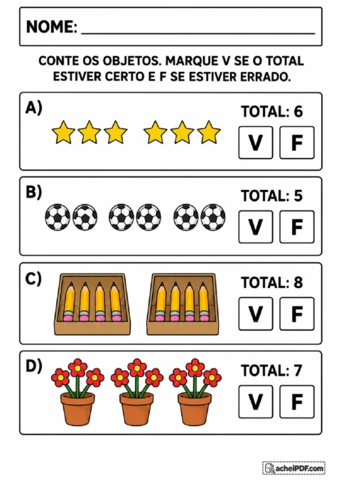 Cartões com estrelas, bolas, lápis e flores organizados em grupos para conferir totais e marcar V ou F.