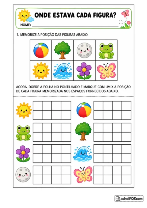 Imagem 7 da postagem: Observar e memorizar a posição exata de oito figuras coloridas distribuídas em um quadro, para o Pré II.