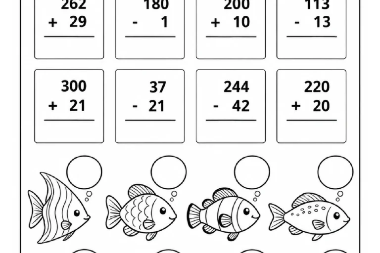 Operações de adição e subtração com peixes e oito balões vazios para registrar os resultados