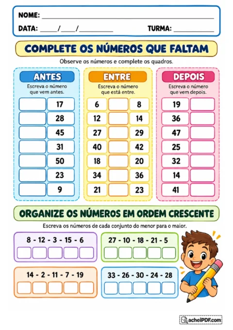 Quadros para completar números anteriores, intermediários e posteriores, seguidos de ordenação crescente