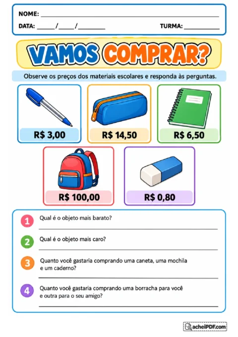 Materiais escolares com preços para identificar o mais caro, o mais barato e calcular valores de compras.