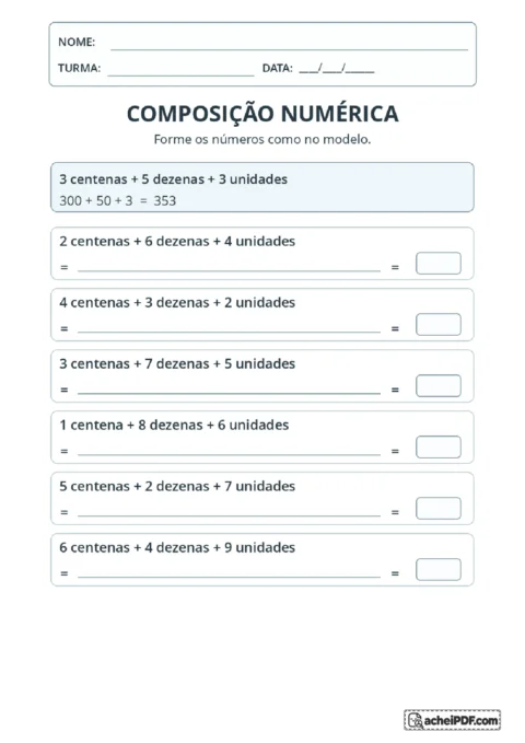 Composição de números a partir de centenas, dezenas e unidades com modelo e campos de resposta