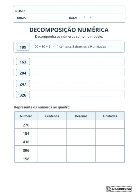 Exercícios de decomposição de números de três algarismos e quadro de centenas, dezenas e unidades