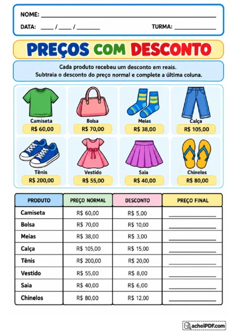 Tabela com oito produtos, preços normais e descontos em reais para completar os preços finais.