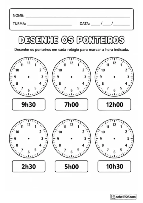 Seis relógios sem ponteiros para desenhar as horas indicadas, incluindo 9h30, 7h00 e 12h00.