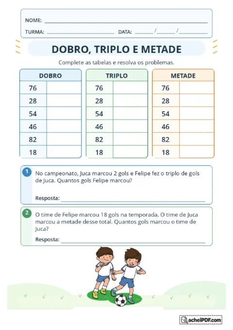 Tabelas para calcular dobro, triplo e metade, acompanhadas de dois problemas sobre gols de futebol