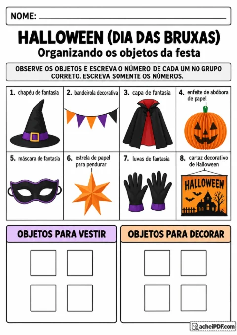 Objetos de fantasia e decoração de Halloween para classificar entre itens de vestir e de decorar
