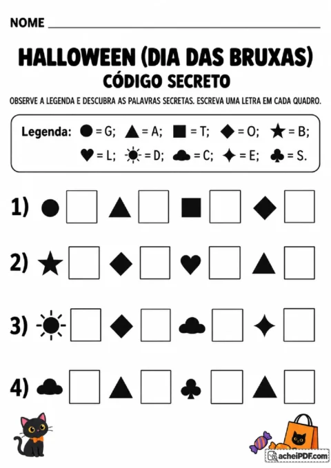 Legenda de símbolos e sequências codificadas para descobrir palavras em atividade de Halloween