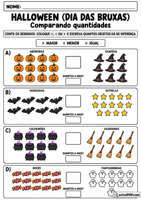 Conjuntos de abóboras, chapéus, morcegos, estrelas, caldeirões, vassouras e doces para comparar quantidades