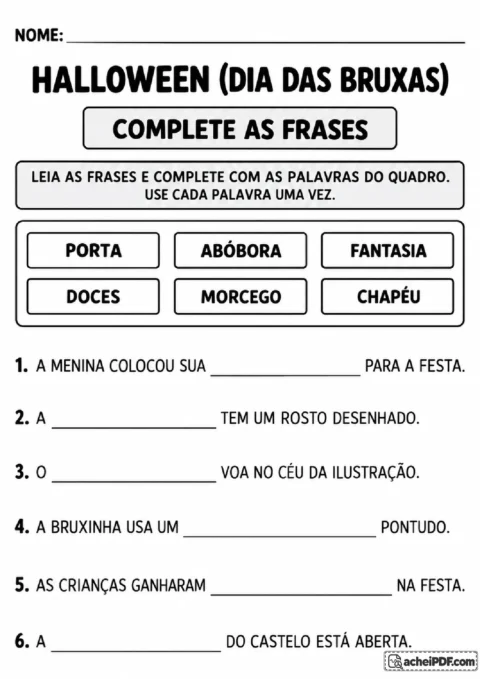 Frases de Halloween com lacunas e banco de palavras para completar com fantasia, abóbora, morcego e outros termos