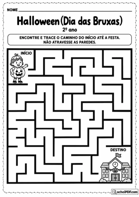 Labirinto com criança fantasiada de abóbora procurando o caminho até uma escola decorada para Halloween
