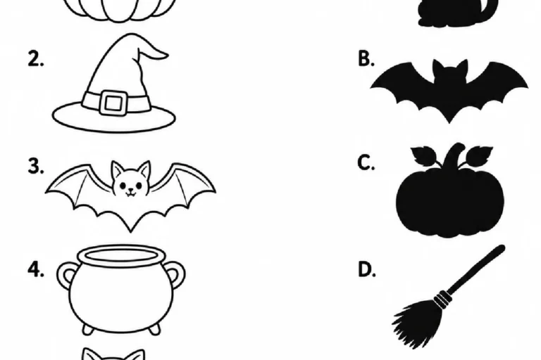Objetos de Halloween como abóbora, chapéu, morcego, caldeirão, gato e vassoura para ligar às sombras