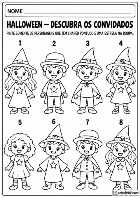 Personagens fantasiados para pintar somente os que têm chapéu pontudo e estrela visível na roupa