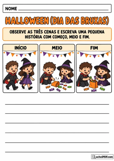 Três cenas de uma festa escolar para escrever uma pequena história com começo, meio e fim
