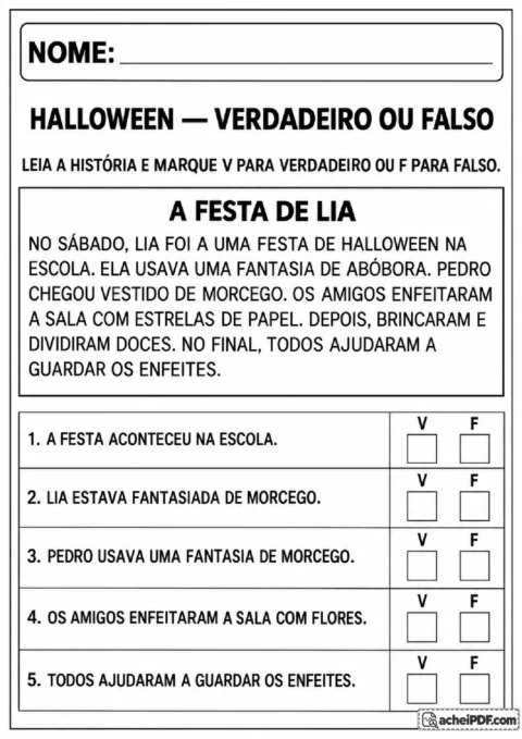 Texto A Festa de Lia com afirmações de verdadeiro ou falso sobre uma festa escolar de Halloween