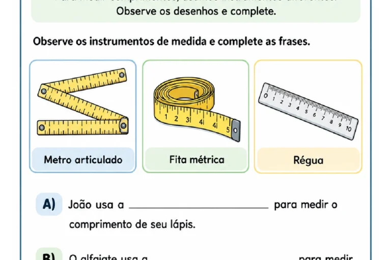 Instrumentos de medida ilustrados para completar frases com régua, fita métrica e metro articulado.
