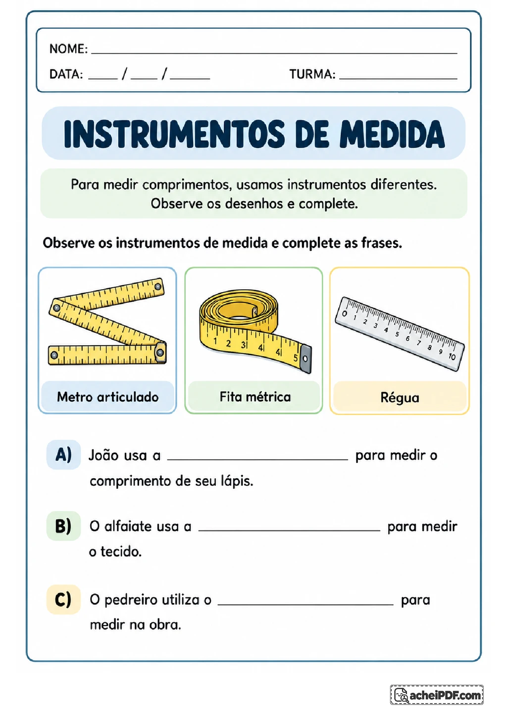 Medidas, Gráficos e Relógios para o 2º ano em PDF