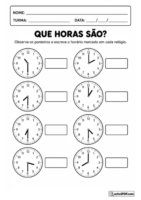 Oito relógios analógicos com ponteiros indicando horas exatas e meias horas para escrever os horários.